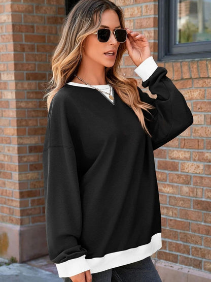 Contrast Trim Round Neck Long Sleeve Sweatshirt.