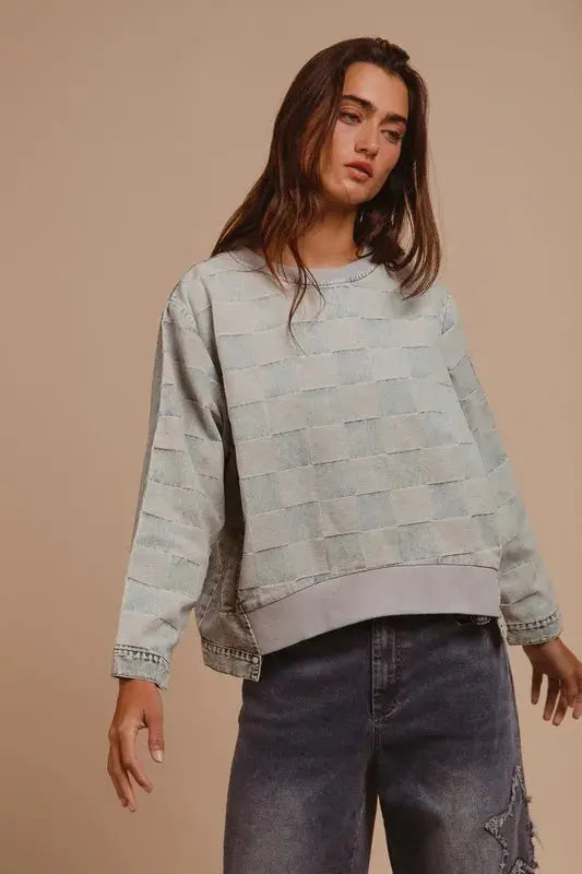 BiBi Mineral Washed Checkered Round Neck Denim Top - Love Salve 