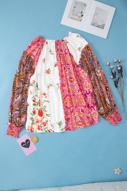 Floral charm: Pink patchwork blouse with shirred cuffs