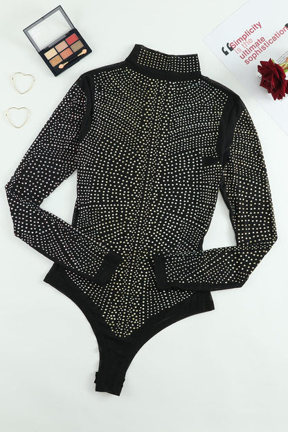 Rhinestone Mock Neck Long Sleeve Bodysuit.