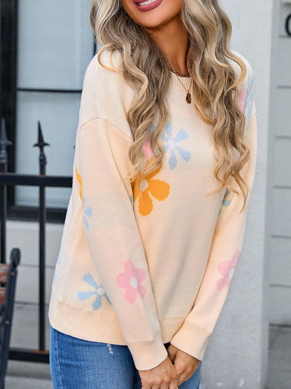 Floral print dropped shoulder sweater with round neck