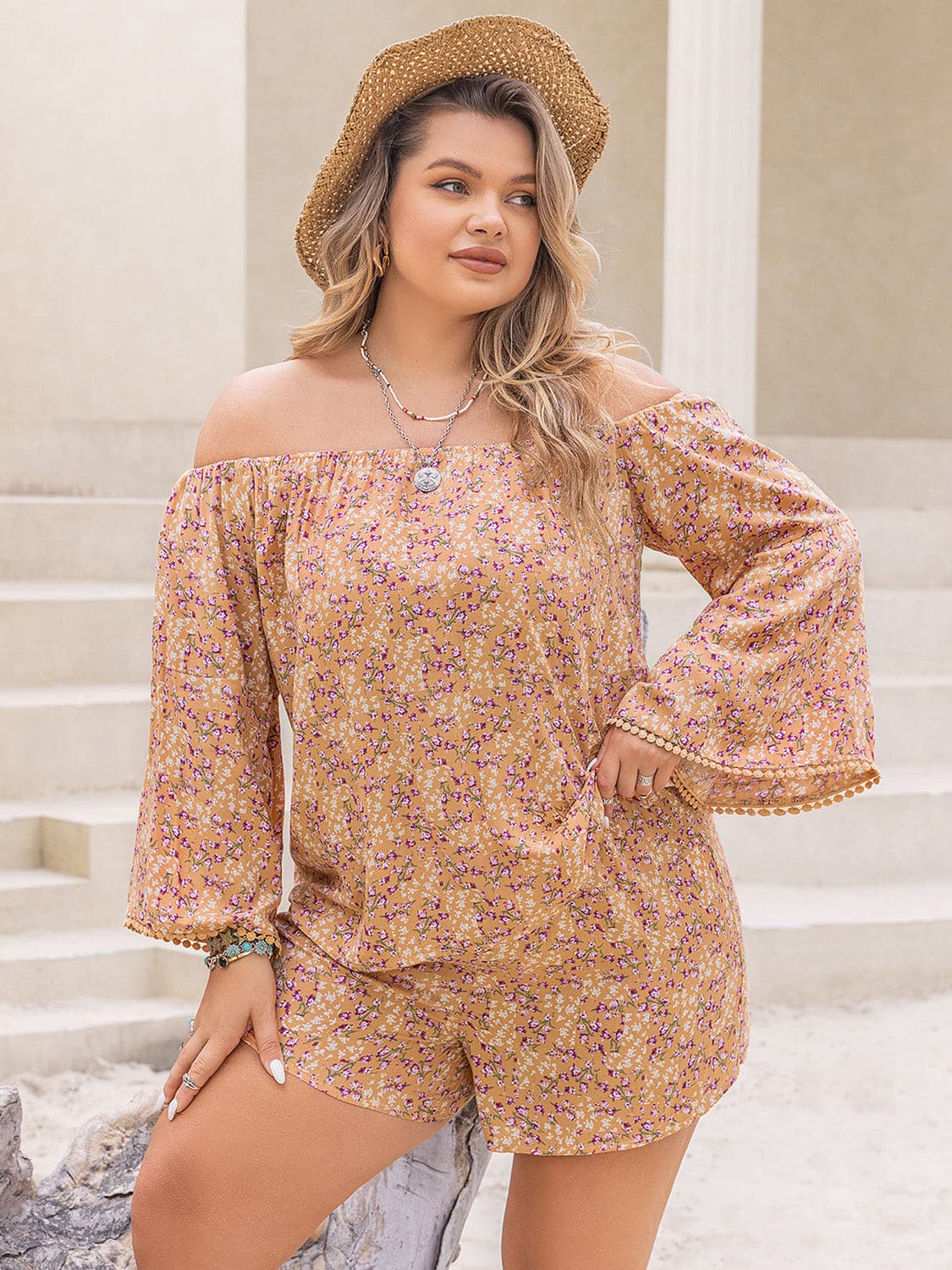 Plus Size Printed Off-Shoulder Top and Shorts Set.