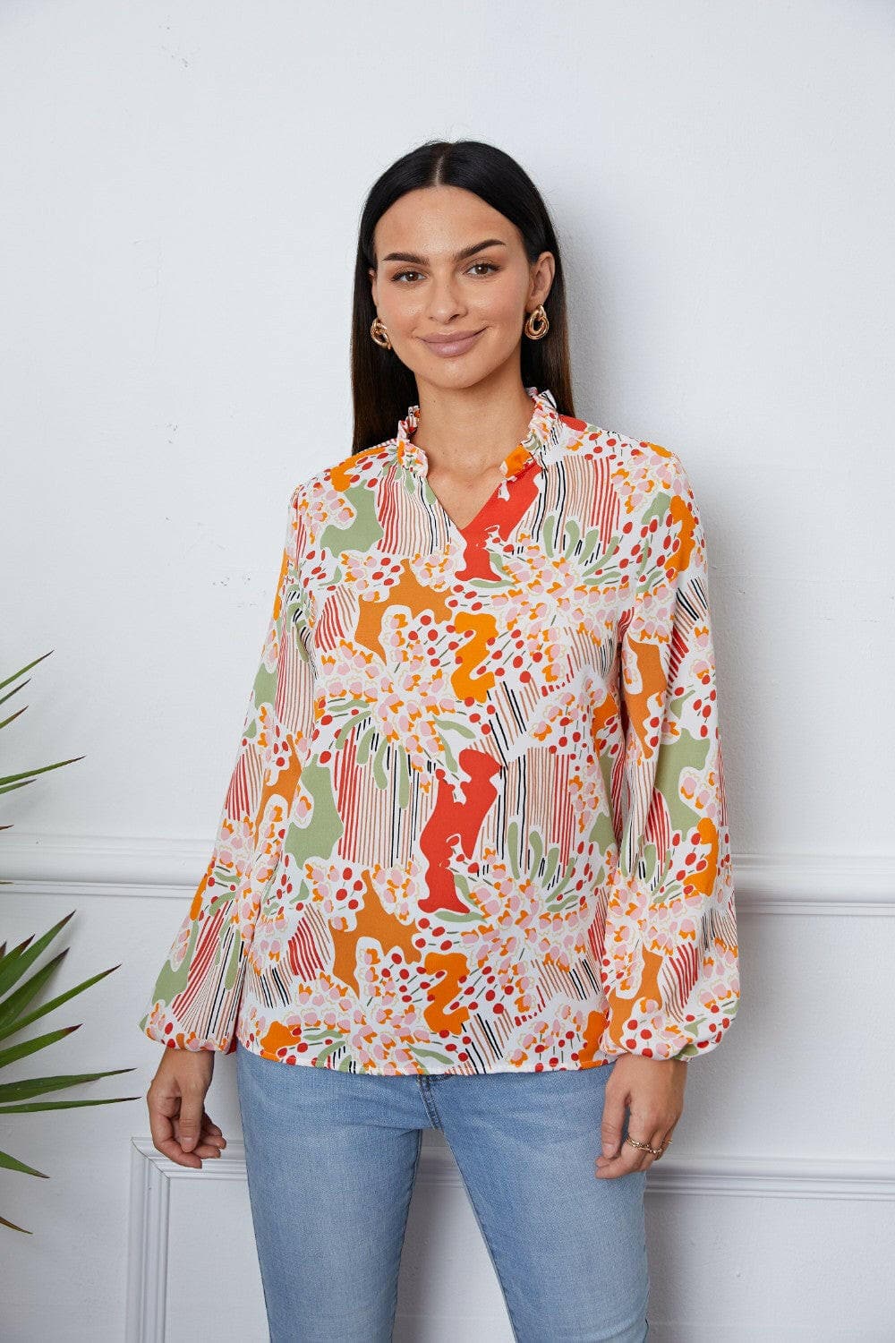 Floral Frill Notched Long Sleeve Blouse.