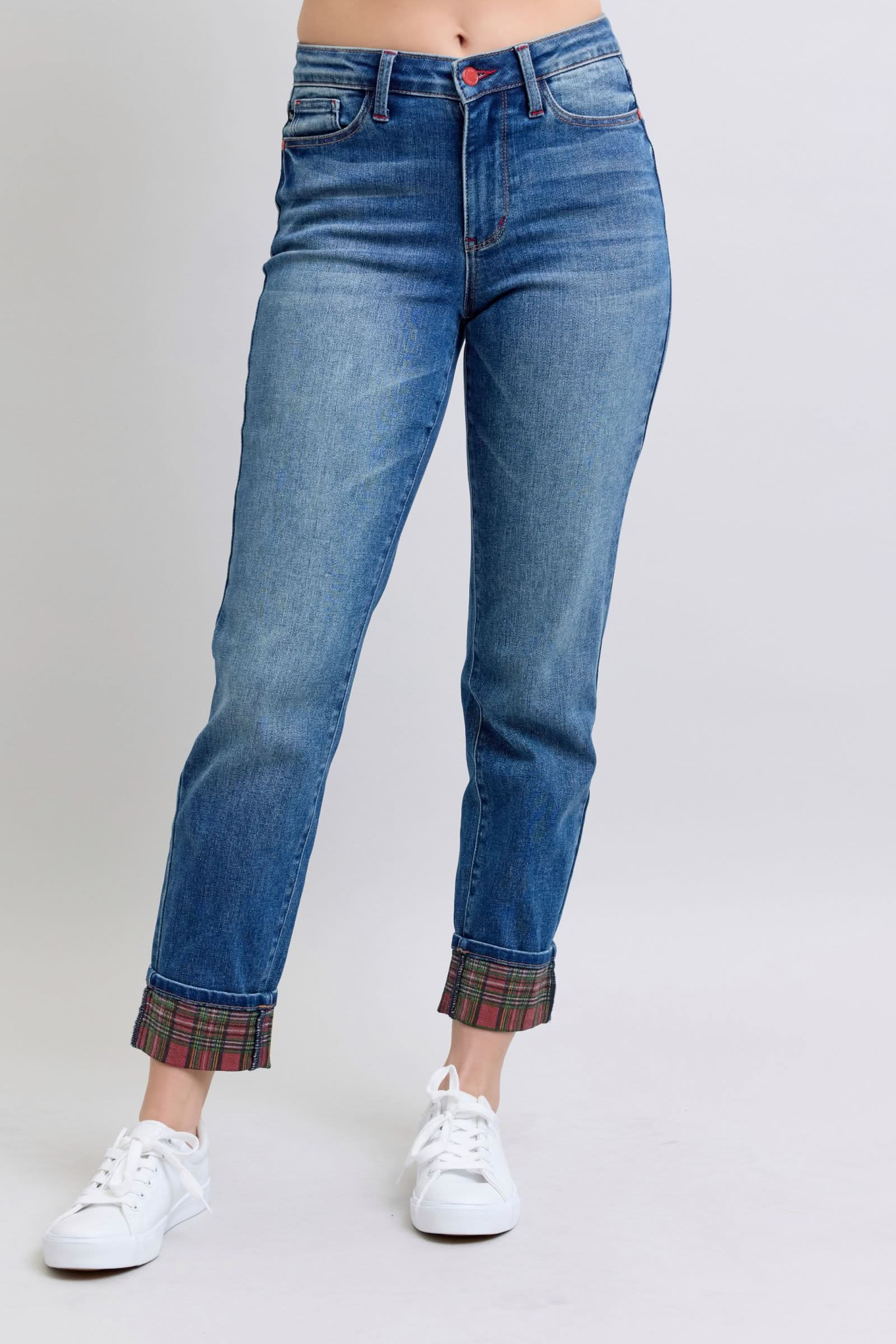 Judy Blue Full Size Plaid Print Cuff Straight Leg Jeans with Pockets.