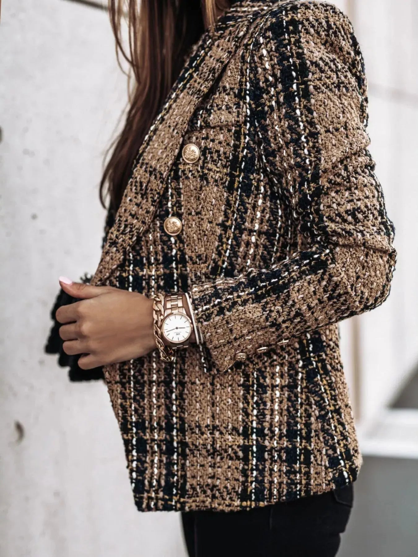 Full Size Plaid Tweed Double-Breasted Blazer Plus Size Simply Love