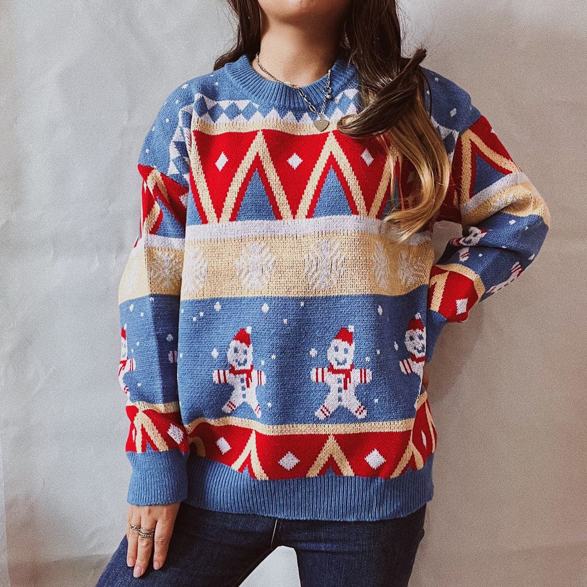 Printed Round Neck Long Sleeve Sweater.