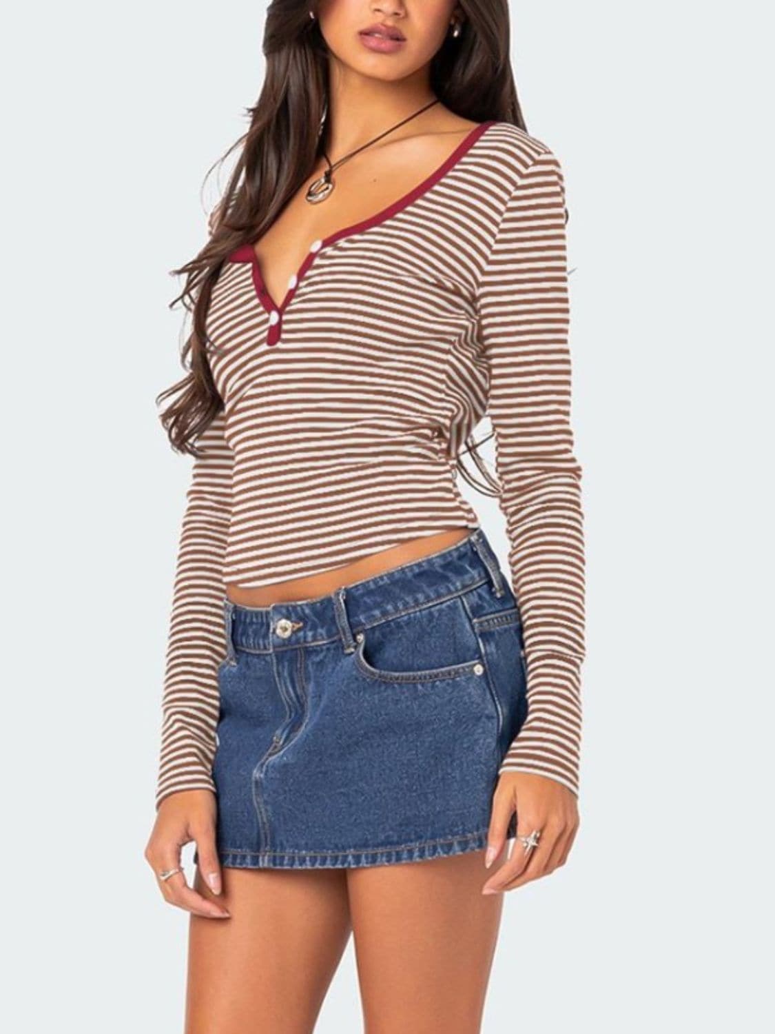 Striped button-up long sleeve tee