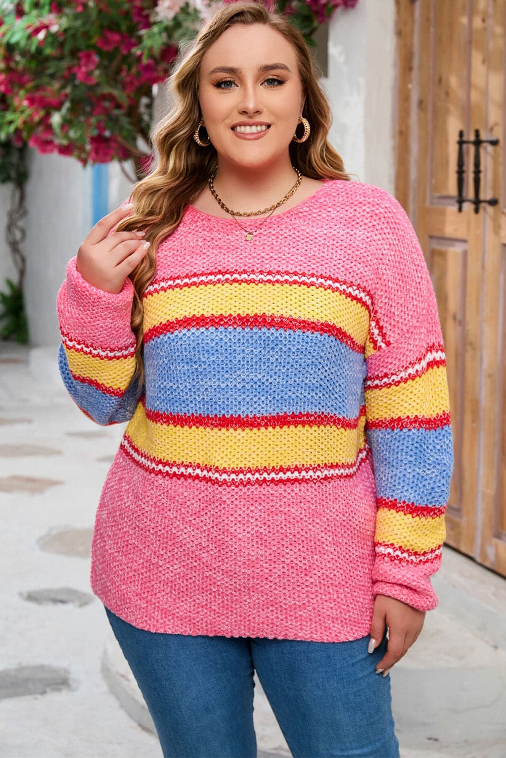 Plus Size Color Block Round Neck Long Sleeve Sweater.