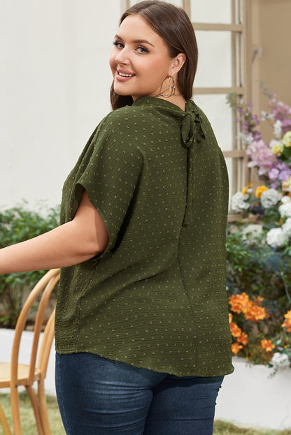 Moss green plus size swiss dot mock neck top with tie-back detail