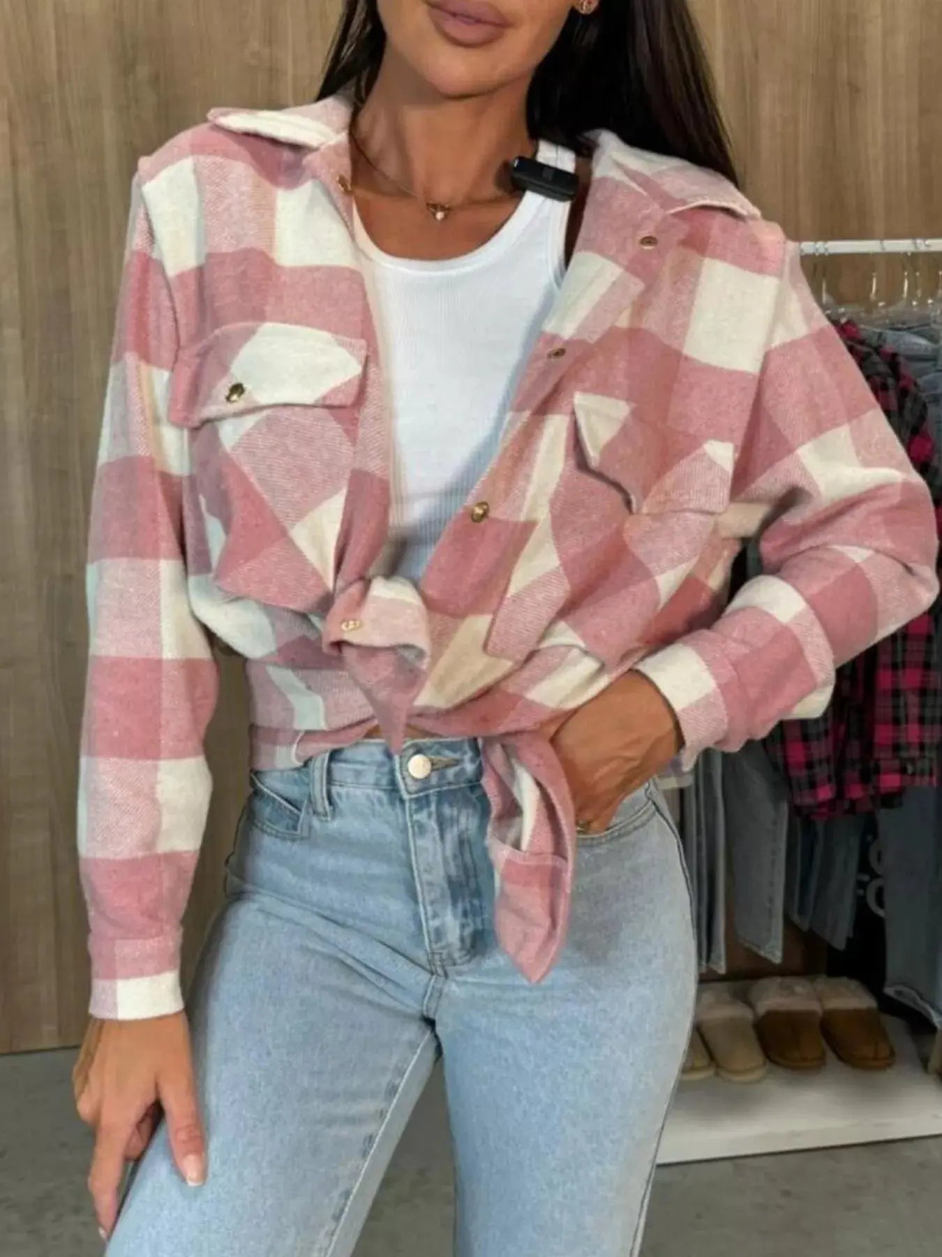 Pink Plaid Shacket With Button Front And Pockets Long Sleeve Simply Love