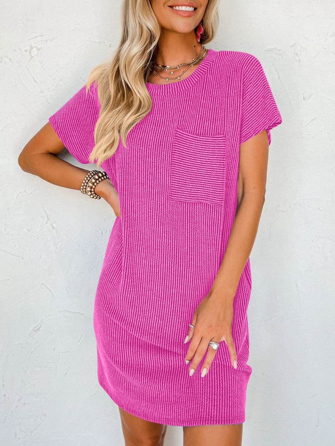 Round Neck Short Sleeve Mini Dress.