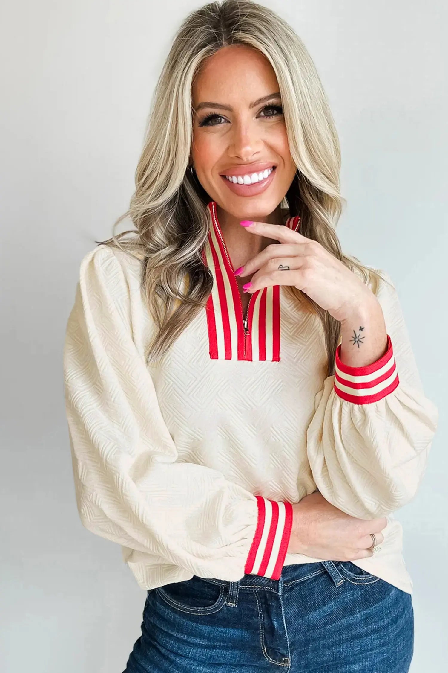 White Textured Knit Contrast Striped Accent Zipped Collar Pullover Top Dear-Lover Dropshipping