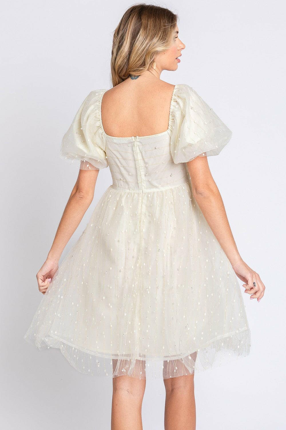 Enchanting Pearl Mesh Puff Sleeve Babydoll Dress by GeeGee.