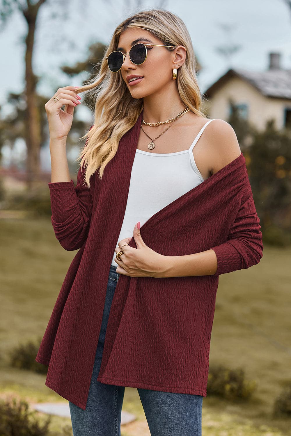 Textured Open Front Long Sleeve Cardigan.