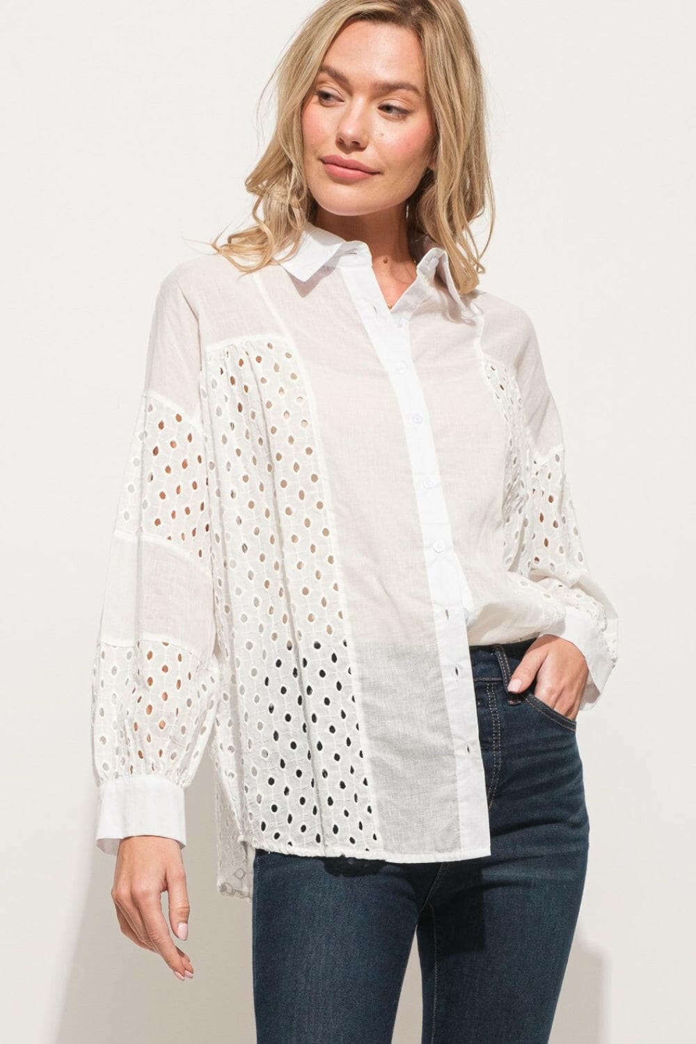 And The Why Eyelet Long Sleeve Button Down ShirtDiscover Timeless Elegance
 Indulge in sophistication with the And The Why Eyelet Long Sleeve Button Down Shirt. This exquisite shirt features intricate eyelet detaiLove Salve Eyelet Long Sleeve Buttonusa