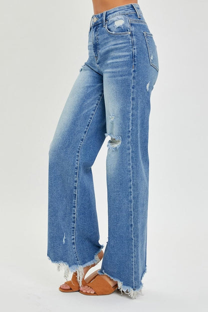 Risen Full Size High Rise Frayed Hem Wide Leg Jeans.