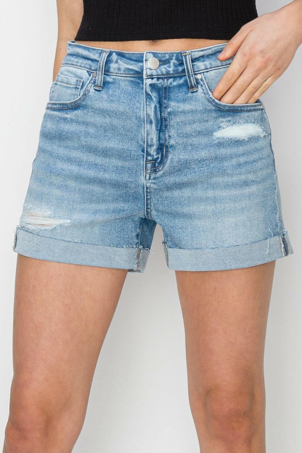 RISEN Distressed Mid-Rise Waist Denim Shorts.