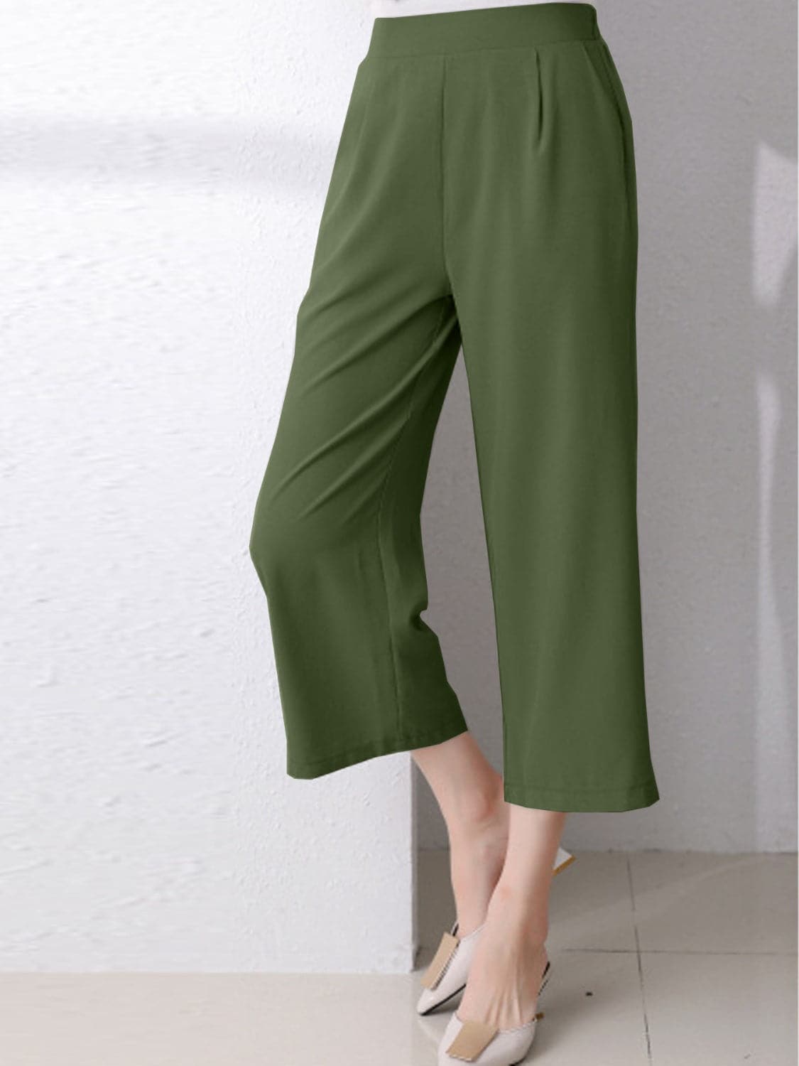 Full Size Pocketed Half Elastic Waist Pants.