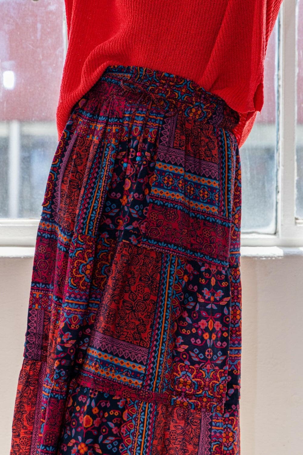 ODDI Full Size Printed Tiered Maxi Skirt.