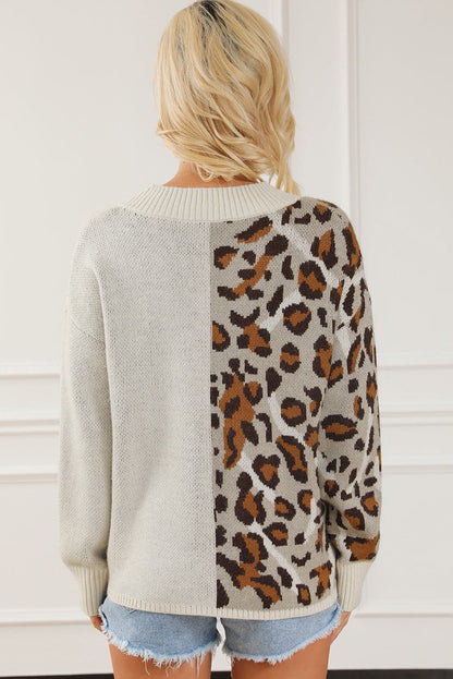 Leopard V-Neck Dropped Shoulder Sweater.