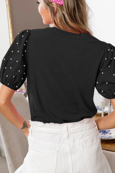 Pearl Detail Round Neck Short Sleeve Blouse