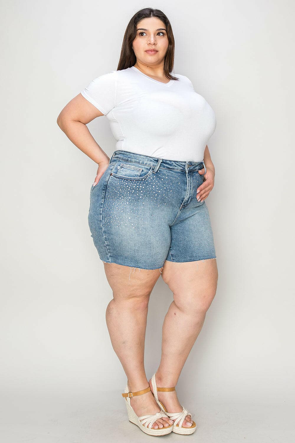 Judy Blue Full Size High Waist Raw Hem Denim Shorts.