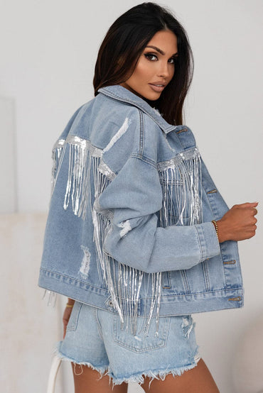 Sequin Fringe Trim Distressed Button Up Denim Jacket.