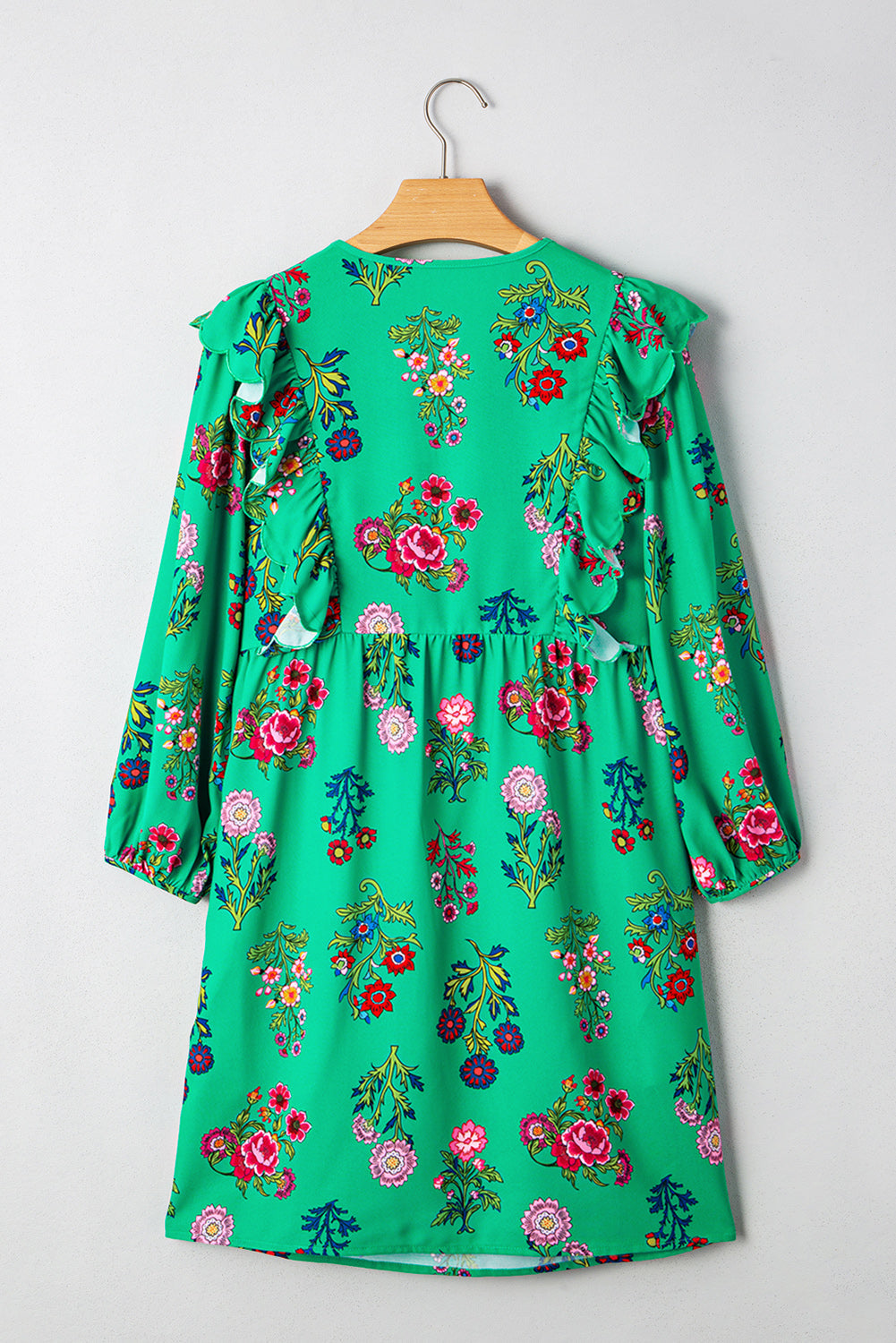 Premium Green Floral Ruffled Three Quarter Sleeve Buttoned Dress Dear-Lover Dropshipping