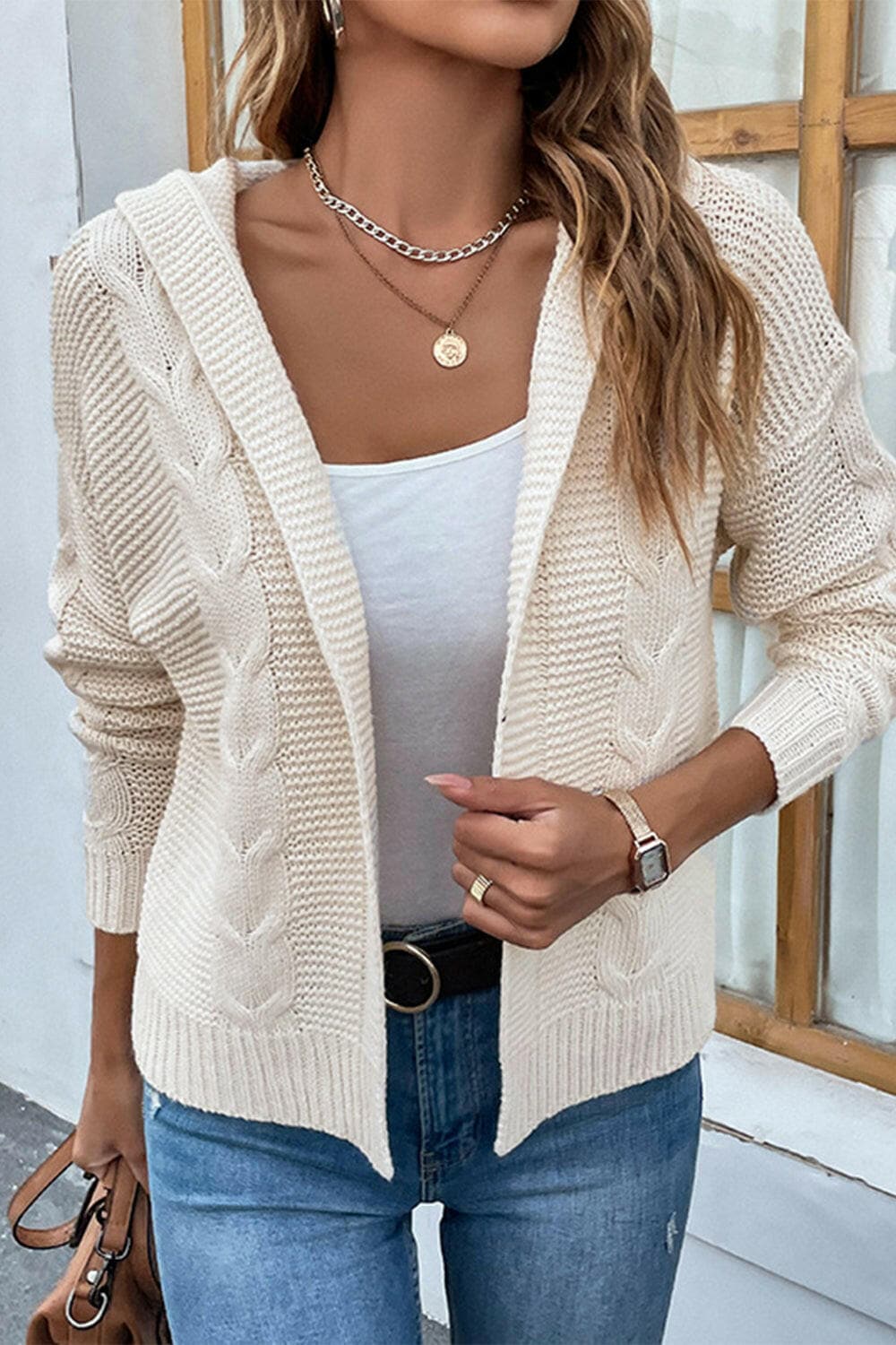 Cable-Knit Dropped Shoulder Hooded Cardigan.