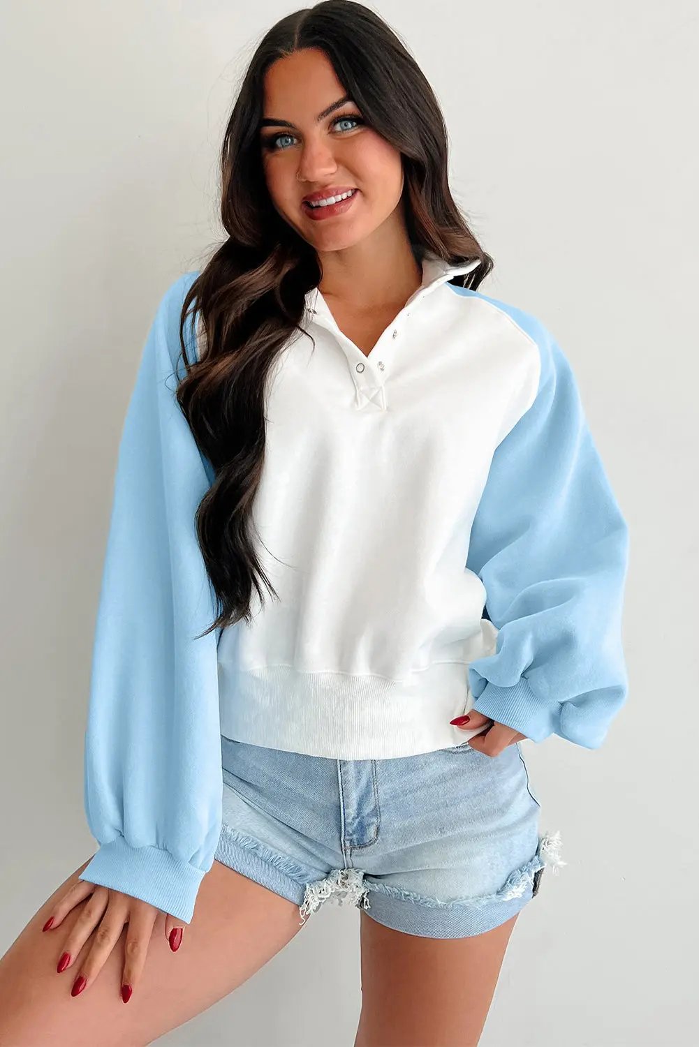Blue Casual Beau Blue Colorblock Snap Buttons Pullover Sweatshirt - Side view by Dear-Lover Dropshipping