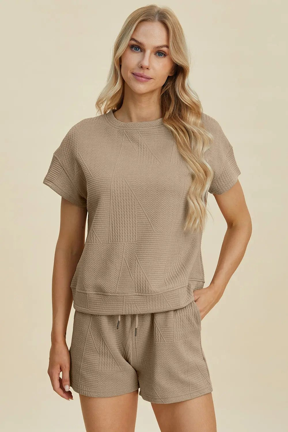 Double Take Full Size Texture Short Sleeve Top and Shorts Set - Love Salve