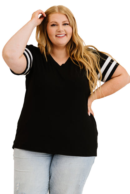 Chic black plus size V-neck tee with striped sleeves