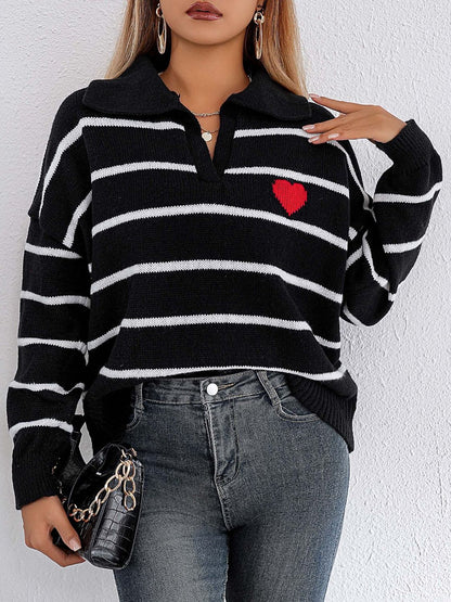 Stylish striped long sleeve sweater with Johnny collar