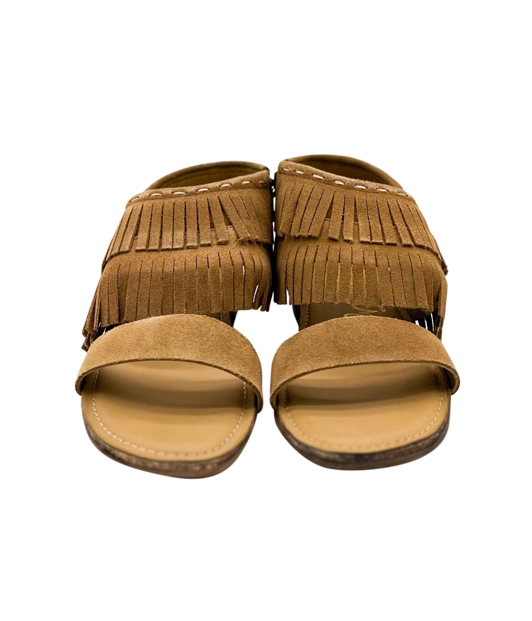 Fringe Star Sandal Tan Boho Faux Suede Side Zip Heel Naughty Monkey