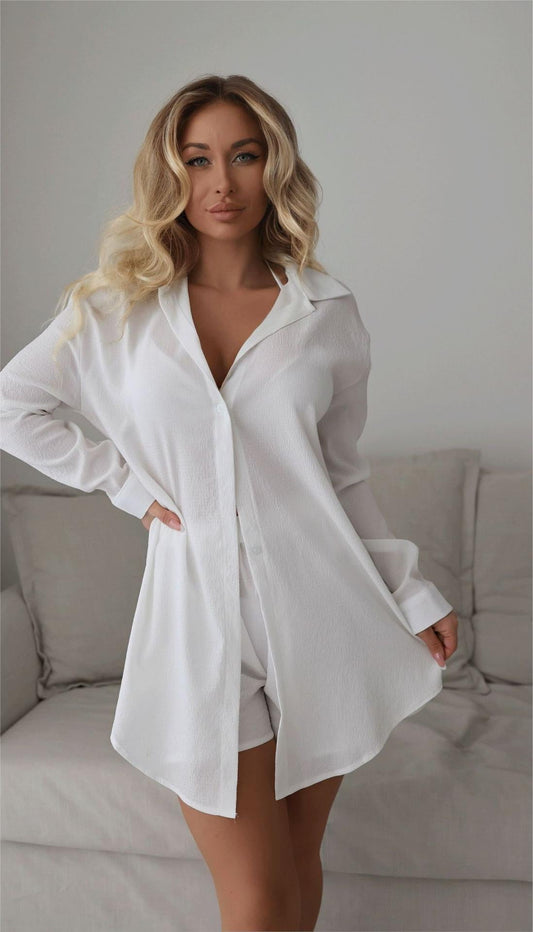 Beach Cover Up Solid Color Long Sleeved Shirt Two Piece Set Hawaiian Seaside Vacation Swimsuit Blouse Bella Mia