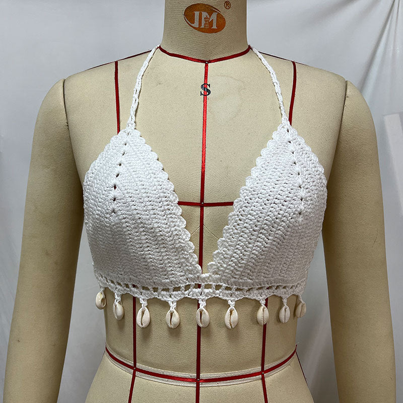 Beach Vacation Shell Bikini Solid Color Hollow Out Cutout Hand Crochet Embellished Sexy Beach Swimsuit Bella Mia