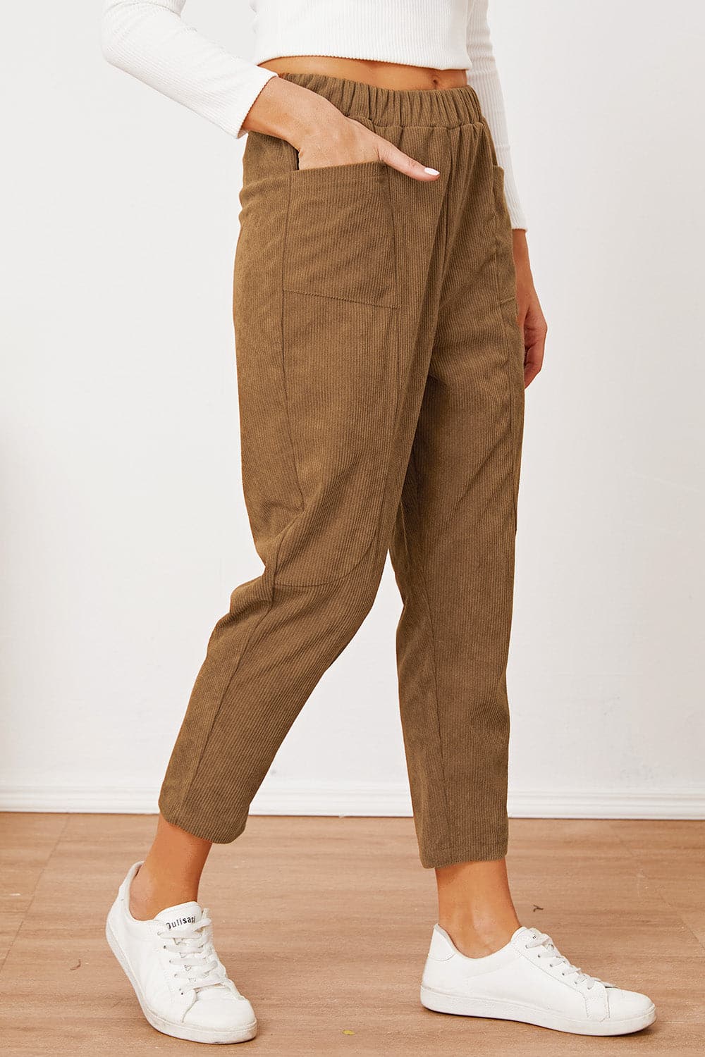 Pocketed Elastic Waist Pants.