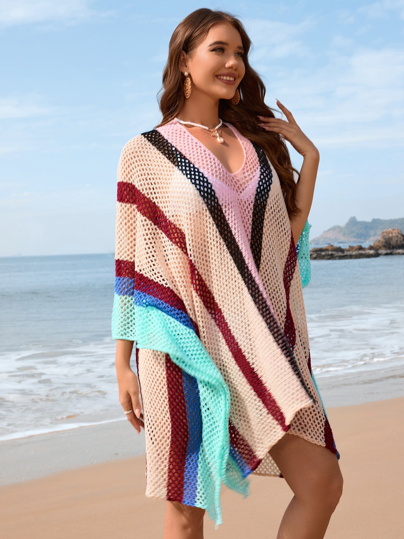 Spring Summer Arrival Women Patchwork Hollow Out Cutout Beach Dress Loose plus Size Beach Cover Up Women Bella Mia
