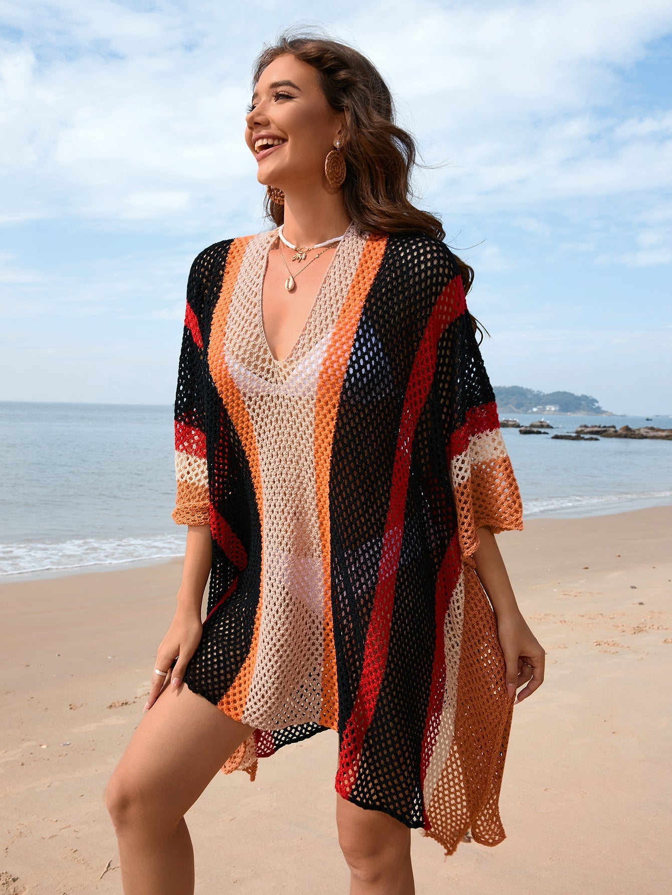 Spring Summer Arrival Women Patchwork Hollow Out Cutout Beach Dress Loose plus Size Beach Cover Up Women Bella Mia