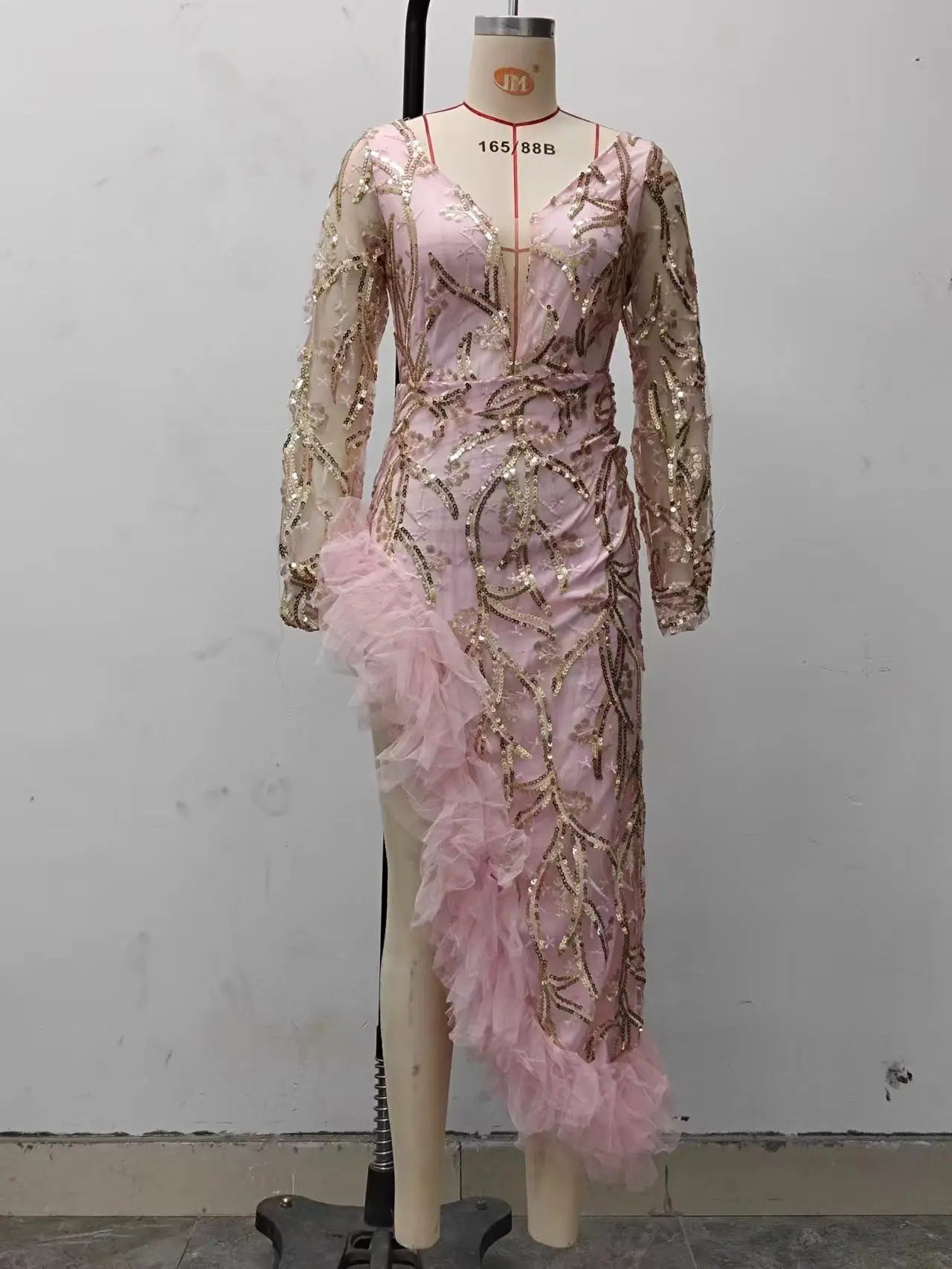 Fall Women Clothing Sexy Mesh Trailing Sequined Split Pink Evening Dress Bella Mia