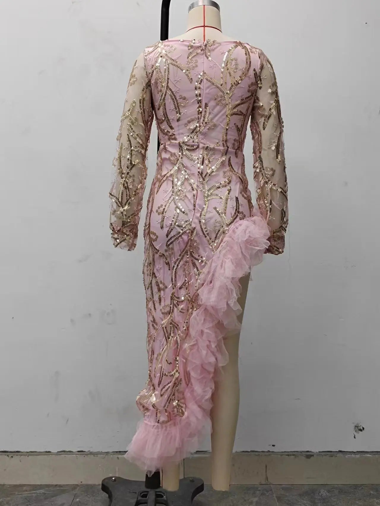 Fall Women Clothing Sexy Mesh Trailing Sequined Split Pink Evening Dress Bella Mia