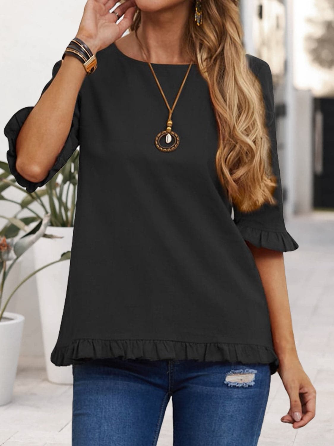 Ruffled Round Neck Half Sleeve Blouse.