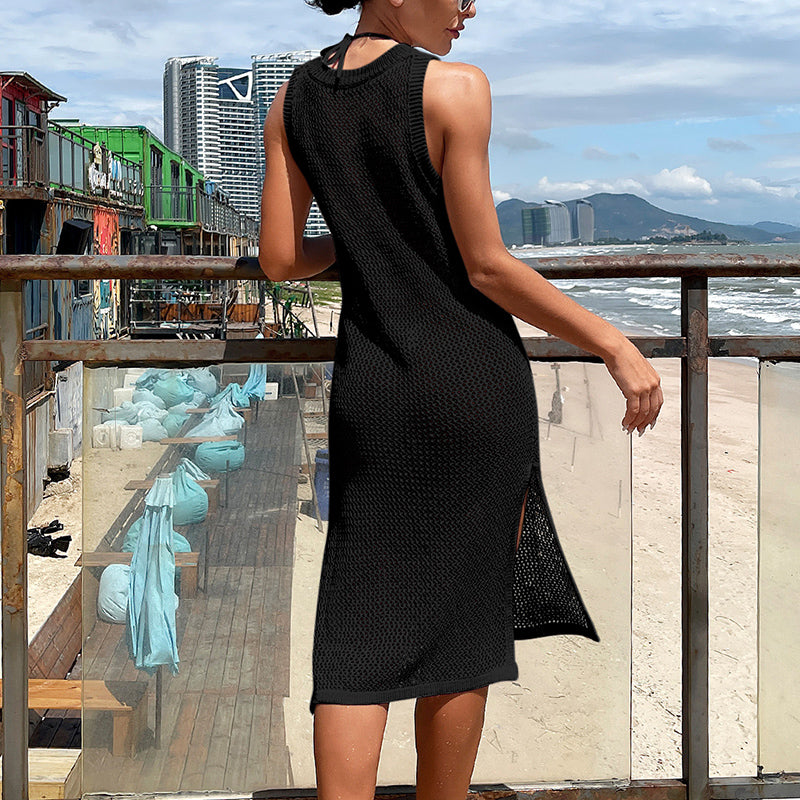 Beach Vacation Sexy Solid Color Round Neck Woven Texture High Slit Beach Sun Shield Hanfu Long Robe Bella Mia
