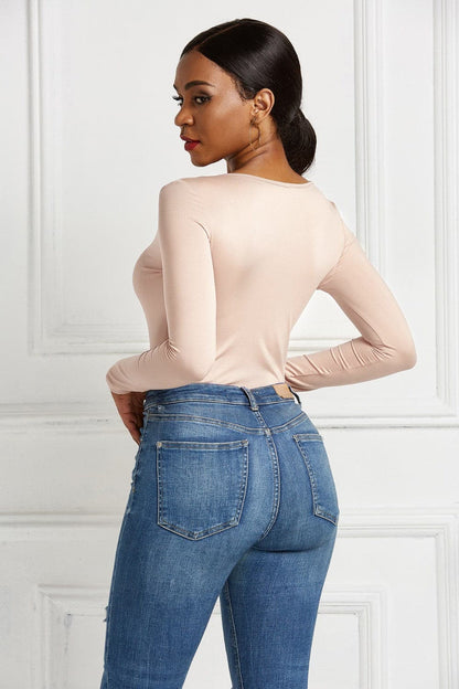 Half Zip Scoop Neck Long Sleeve Bodysuit.