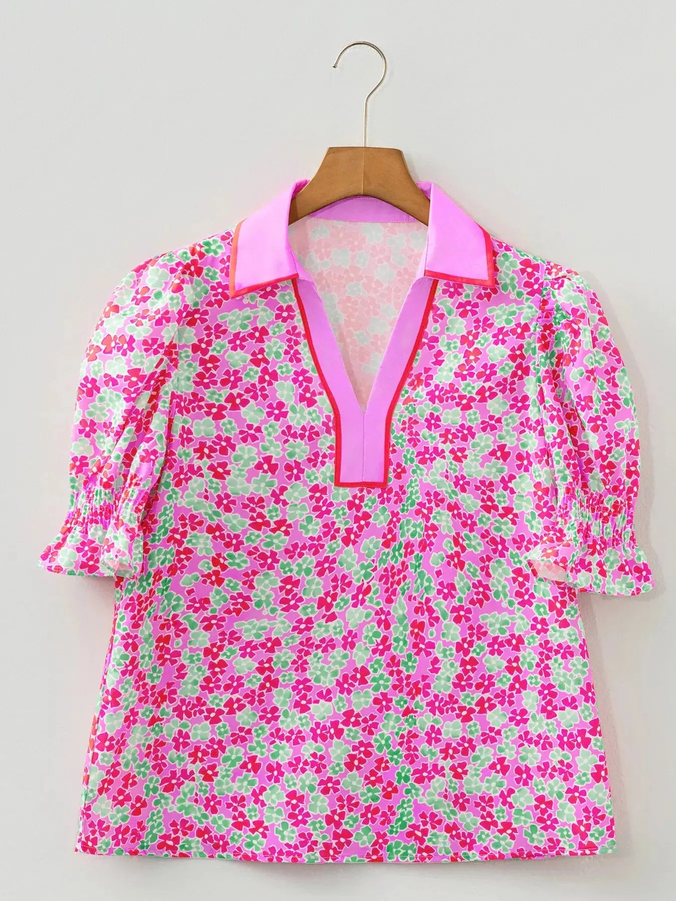 Floral Collared V Neck Short Puff Sleeve Blouse Simply Love