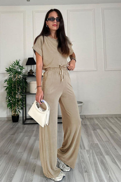 Round Neck Short Sleeve Top and Drawstring Pants Set.