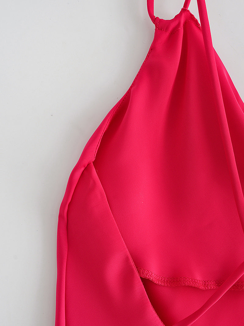 Autumn Sexy Red Silk Satin Texture Strap Dress Bella Mia