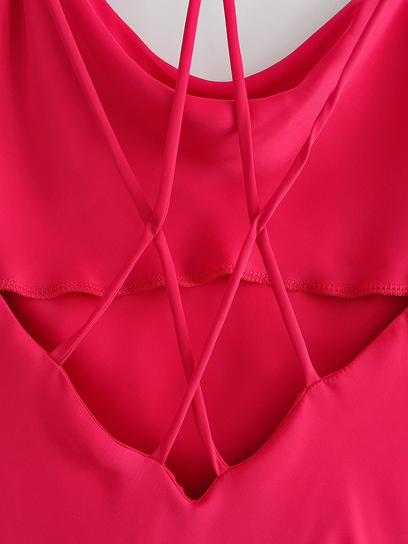 Autumn Sexy Red Silk Satin Texture Strap Dress Bella Mia