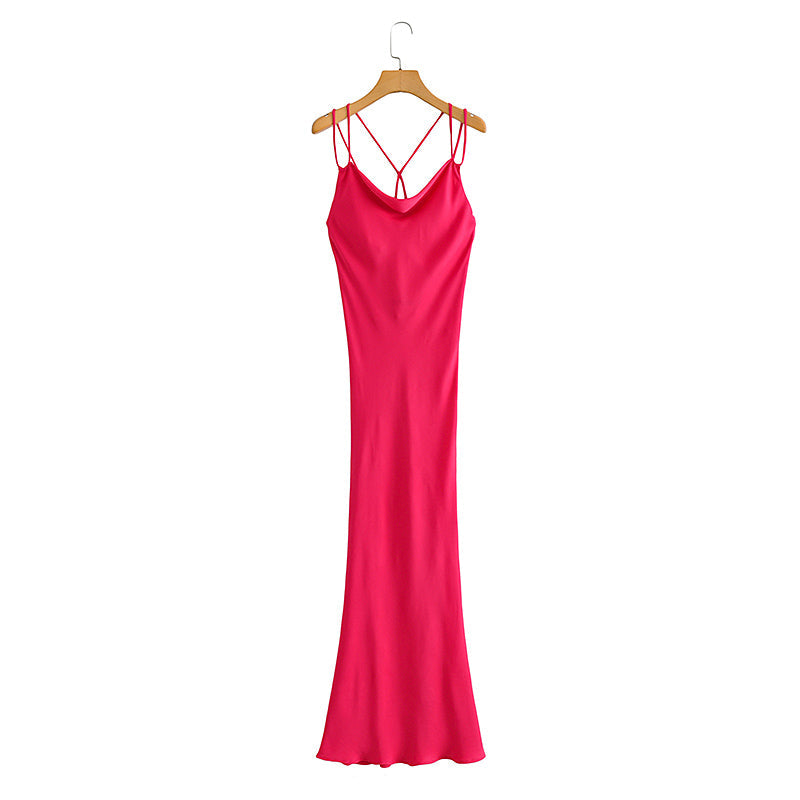 Autumn Sexy Red Silk Satin Texture Strap Dress Bella Mia