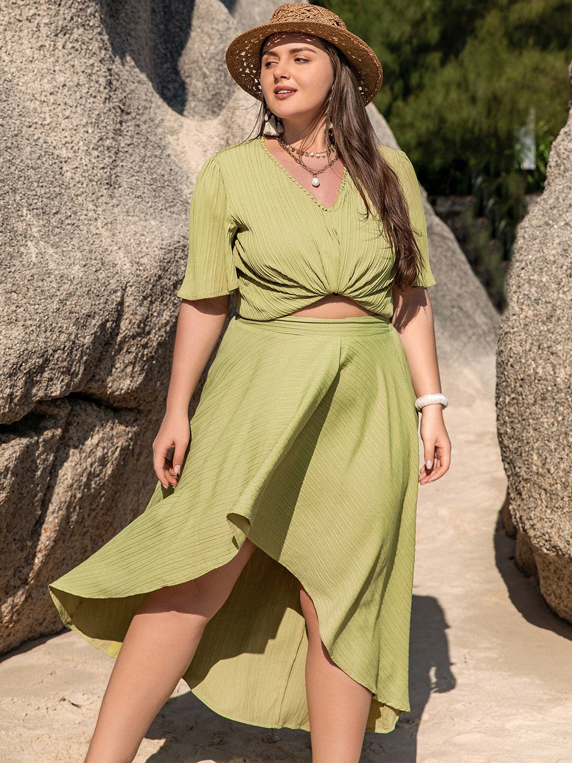 Plus Size V-Neck Half Sleeve Top and High-Low Skirt Set.